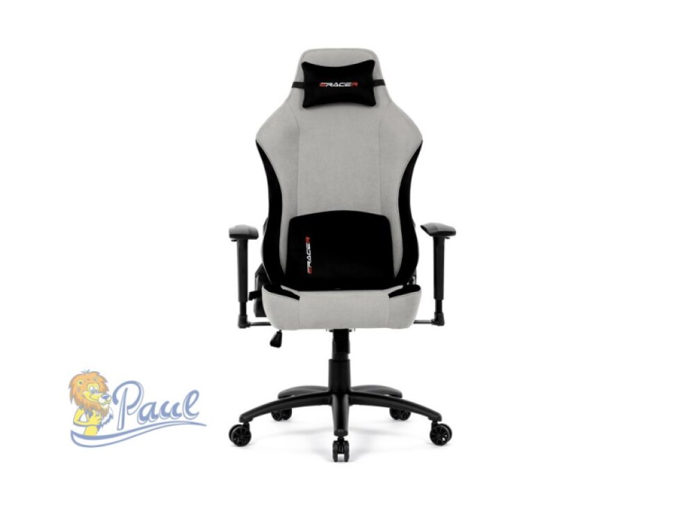 Herní křeslo, stříbrná látka, houpací mechanismus, polohování opěradla 90°-180°, 3D područky, polštáře z paměťové pěny,