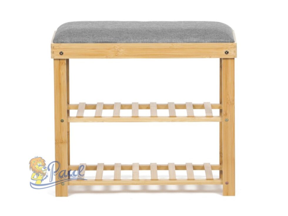 Botník / taburet, 2 police, masiv bambus, přírodní odstín, šedá látka