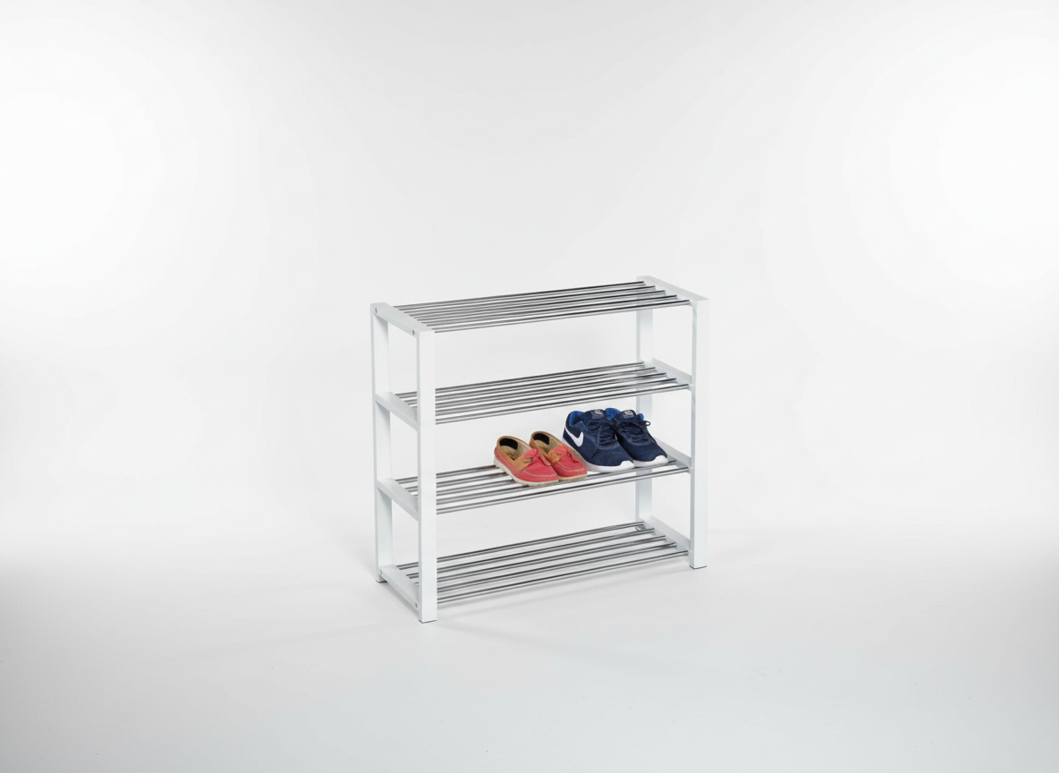 Botník, 4 kovové chromované police, masiv kaučukovník, bílý matný lak