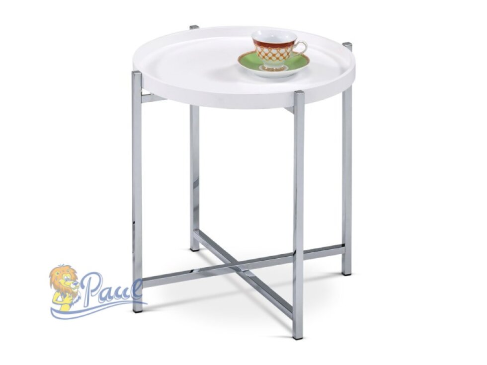 Odkládací stolek pr.50x50 cm, deska dřevo, bílý mat. lak, kovové chromované nohy