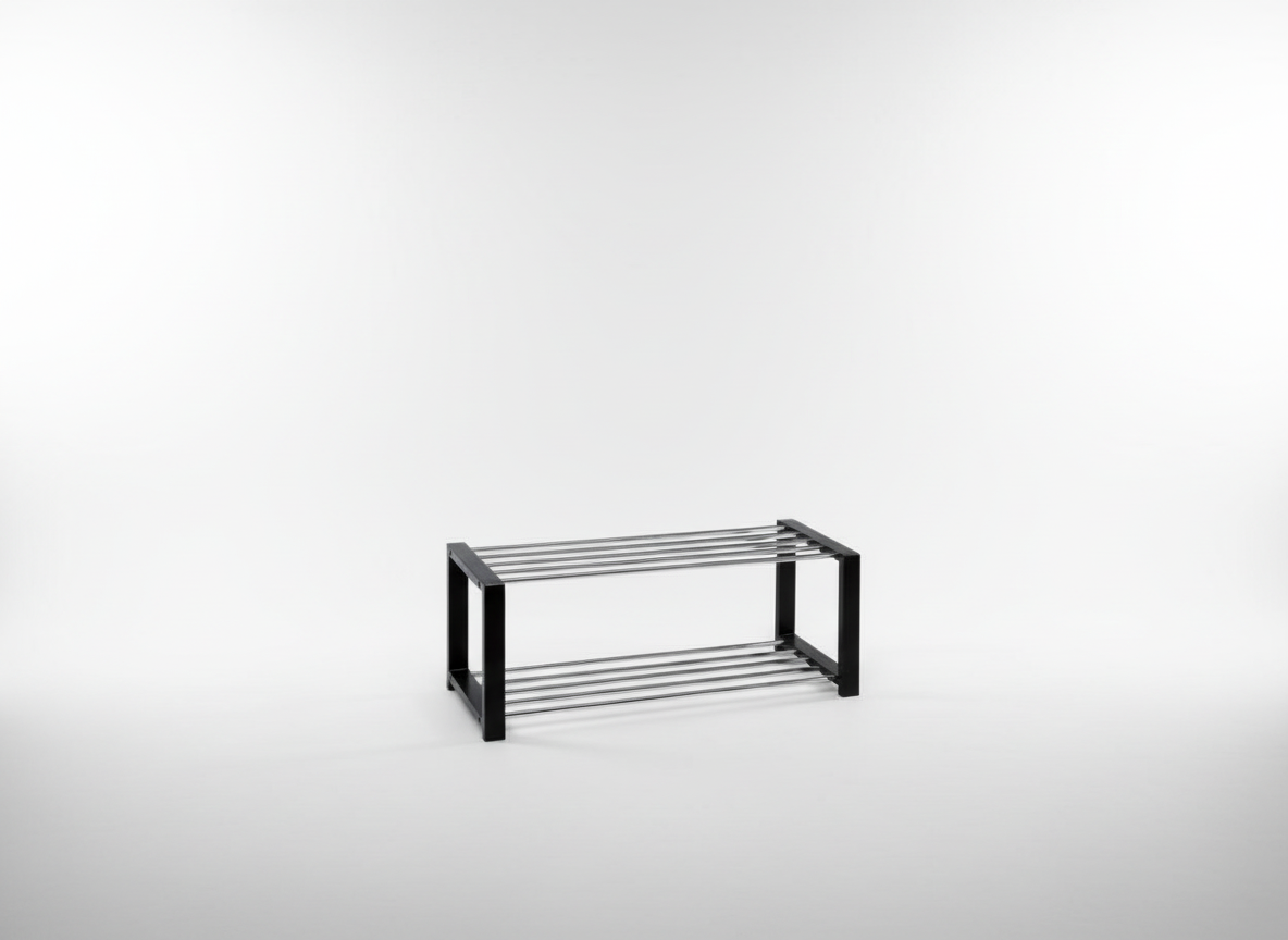 Botník, 2 kovové chromované police, masiv kaučukovník, černý matný lak