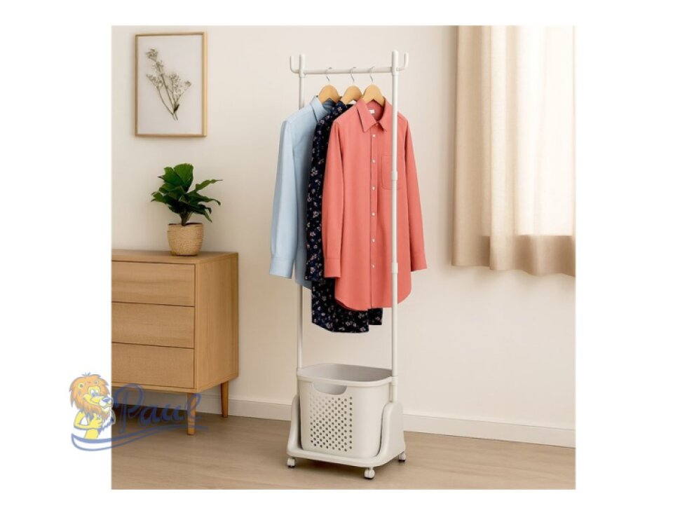 Věšák s košem na prádlo, bílý plast.