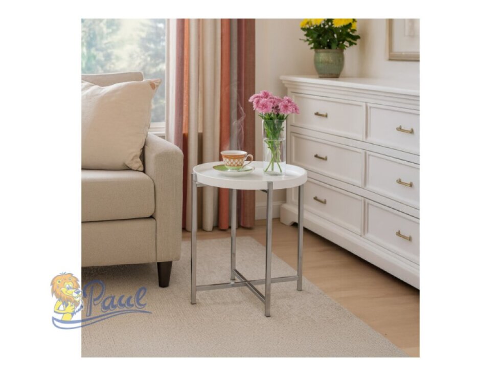 Odkládací stolek pr.50x50 cm, deska dřevo, bílý mat. lak, kovové chromované nohy