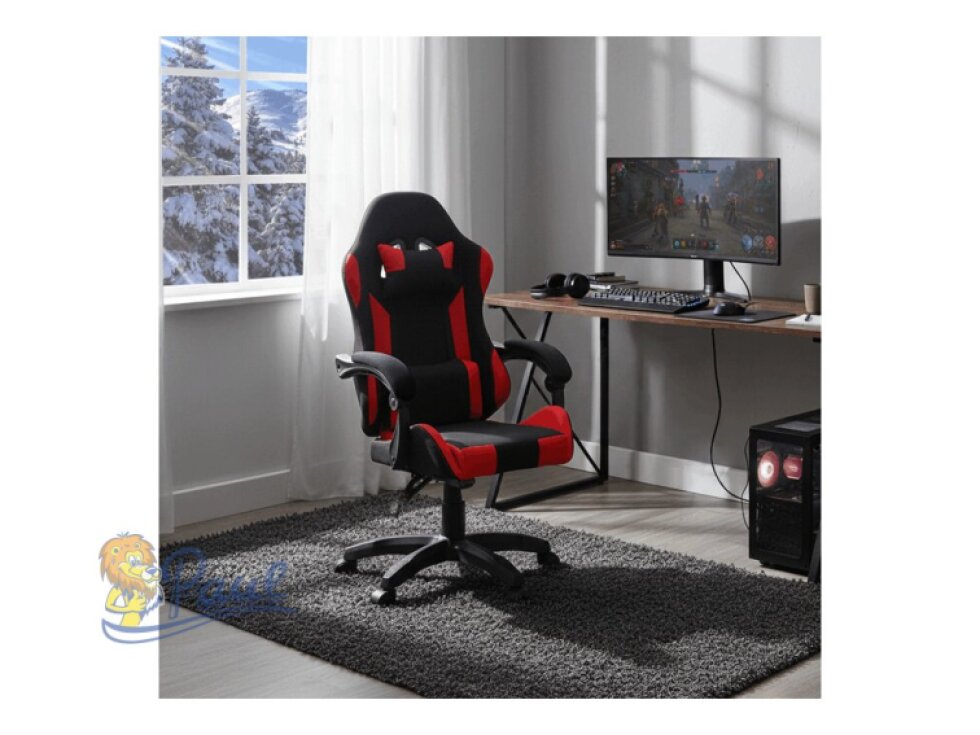 Herní křeslo, synchronní mechanismus, černá a červená látka, plast. kříž