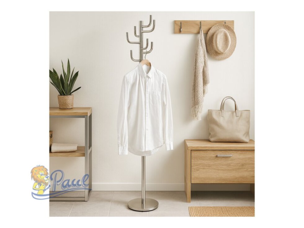 Věšák stojanový, kovová konstrukce, broušený nikl, výška 175 cm, nosnost 10 kg