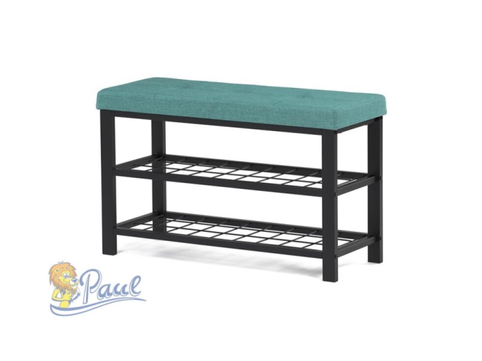 Botník 2 police, potah zelená látka, kov - černý matný lak