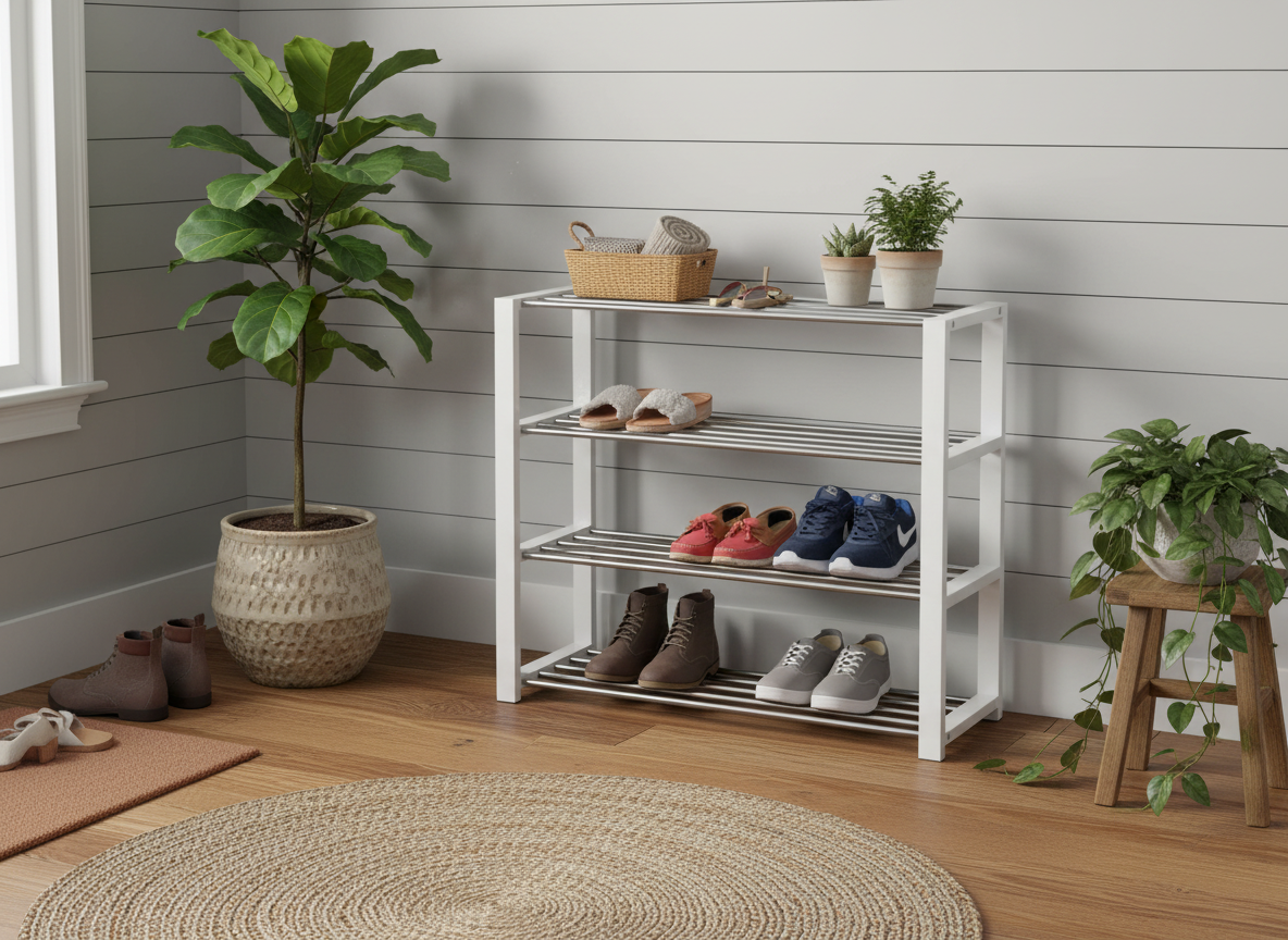 Botník, 4 kovové chromované police, masiv kaučukovník, bílý matný lak