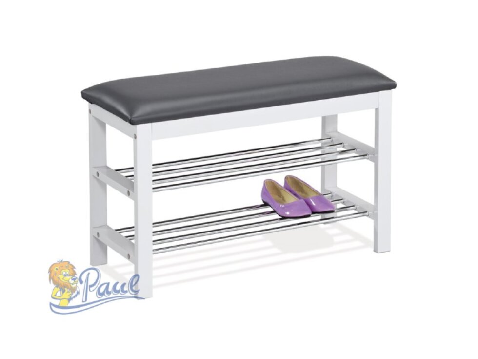 Botník / taburet, 2 police, potah šedá ekokůže, masiv kaučukovník, bílý lak