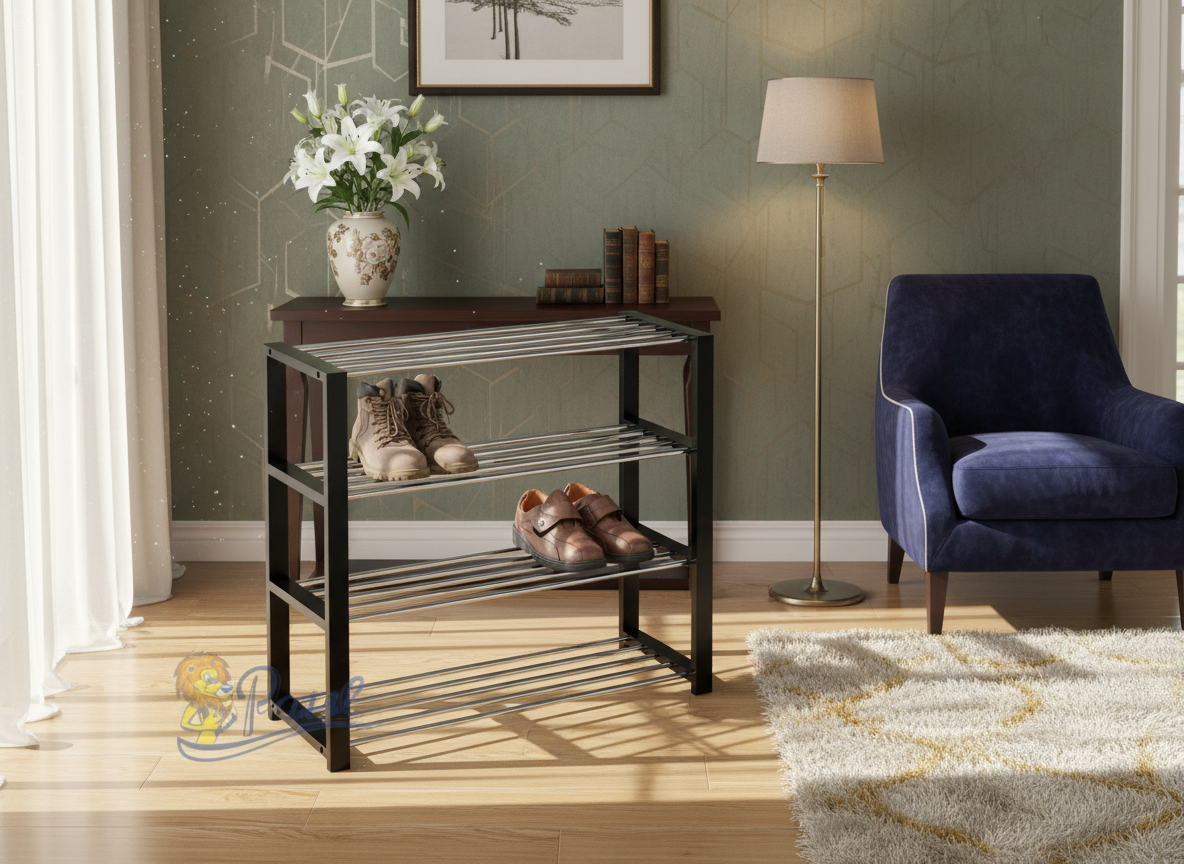 Botník, 4 kovové chromované police, masiv kaučukovník, černý matný lak