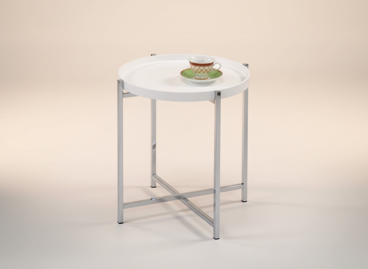 Odkládací stolek pr.50x50 cm, deska dřevo, bílý mat. lak, kovové chromované nohy