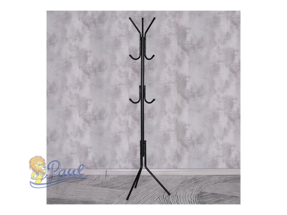 Věšák stojanový, výška 170,5 cm, kovová konstrukce, černý lak, nosnost 6 kg