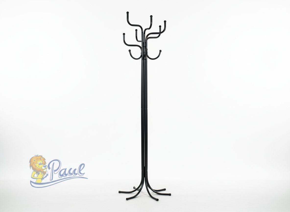 Věšák stojanový, kovová konstrukce, černý matný lak, výška 188 cm, nosnost 12 kg