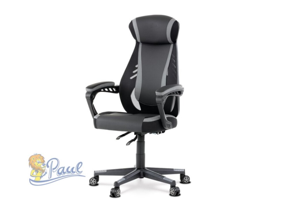 Herní křeslo, šedá, černá ekokůže a černá látka a síťovina MESH, PCA mech