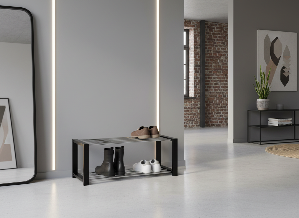 Botník, 2 kovové chromované police, masiv kaučukovník, černý matný lak