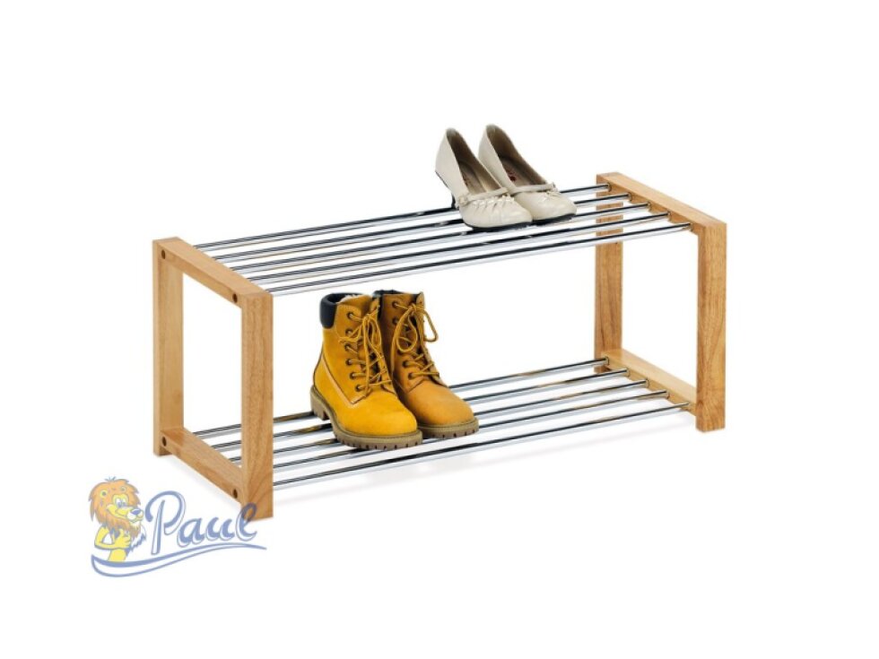 Botník, 2 kovové chromované police, masiv kaučukovník, přírodní odstín