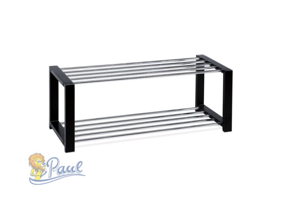 Botník, 2 kovové chromované police, masiv kaučukovník, černý matný lak