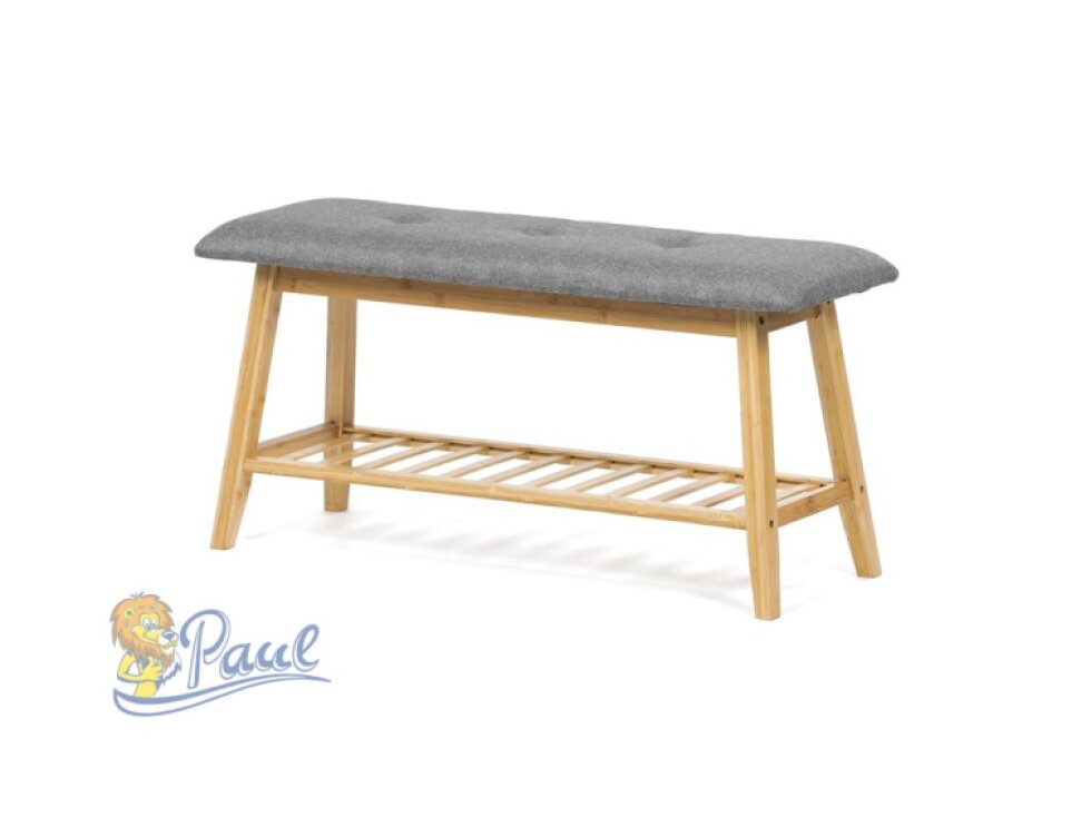 Botník / taburet, police, masiv bambus, přírodní odstín, šedá látka