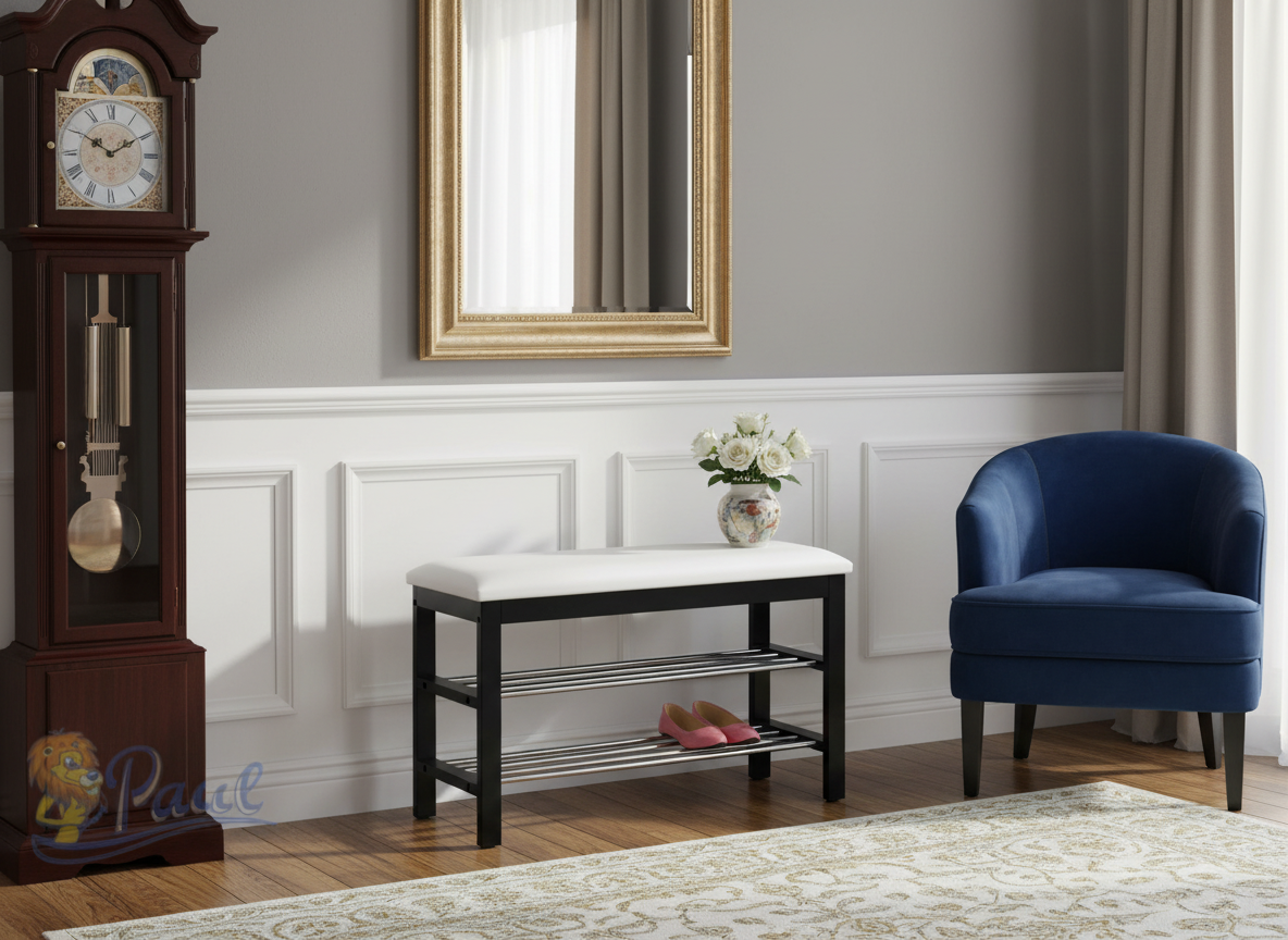 Botník / taburet, 2 police, potah bílá ekokůže, masiv kaučukovník, černý lak