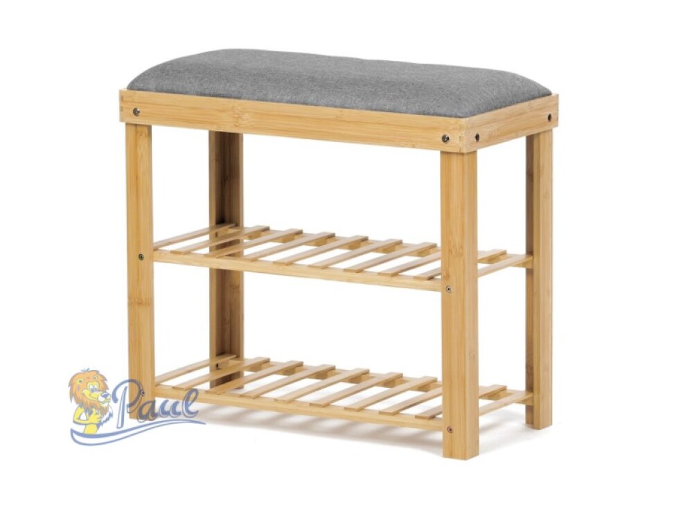 Botník / taburet, 2 police, masiv bambus, přírodní odstín, šedá látka