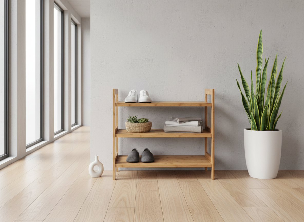 Botník, 3 police, masiv bambus, přírodní odstín