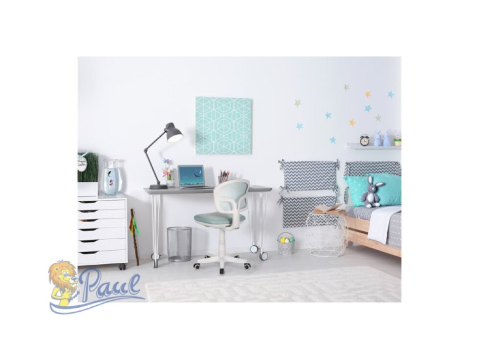 Dětská židle, modrá síťovina, bílý plastový kříž, kolečka na tvrdé podlahy