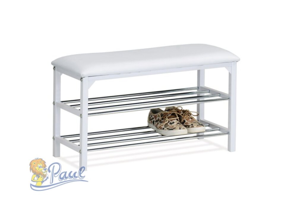 Botník / taburet, 2 police, potah černá ekokůže, kov - bílý matný lak a chrom