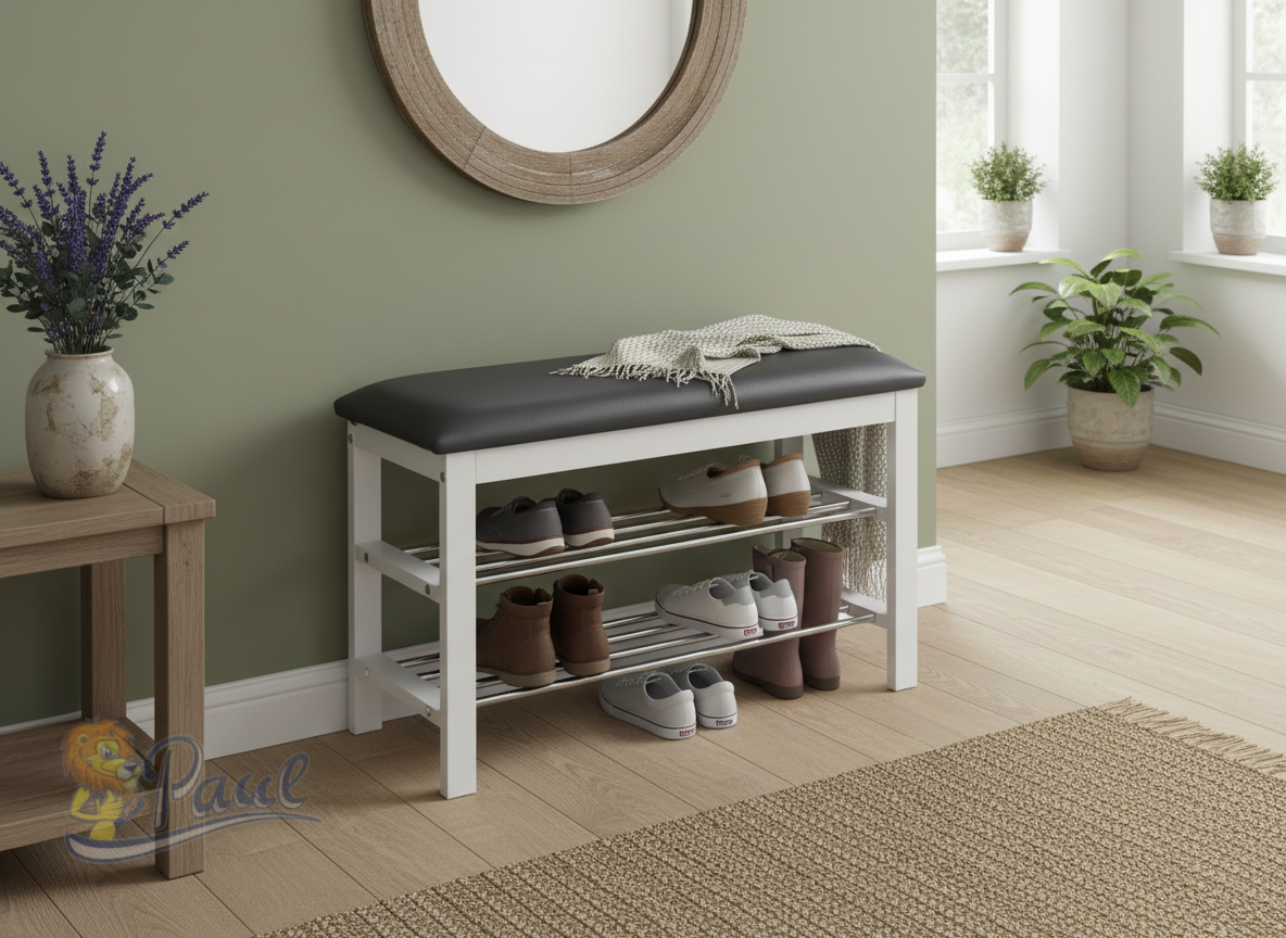 Botník / taburet, 2 police, potah šedá ekokůže, masiv kaučukovník, bílý lak