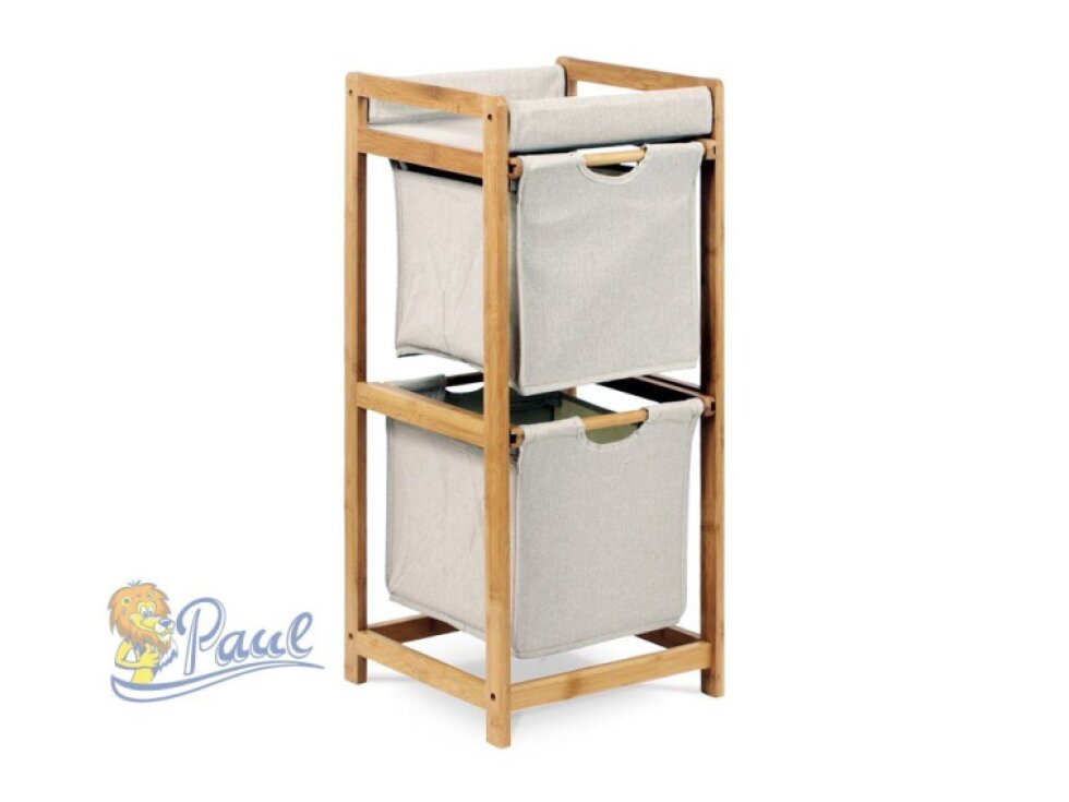 Regál, 2 výsuvné boxy, masiv bambus, přírodní odstín, šedá látka, nosnost 6 kg
