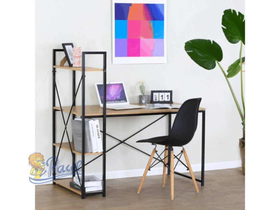 Stůl pracovní s regálem, MDF, dekor dub, černý kov