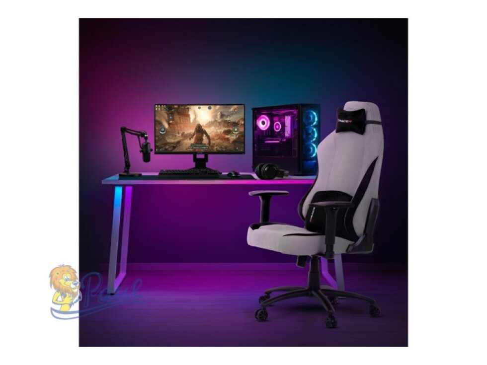 Herní křeslo, stříbrná látka, houpací mechanismus, polohování opěradla 90°-180°, 3D područky, polštáře z paměťové pěny,