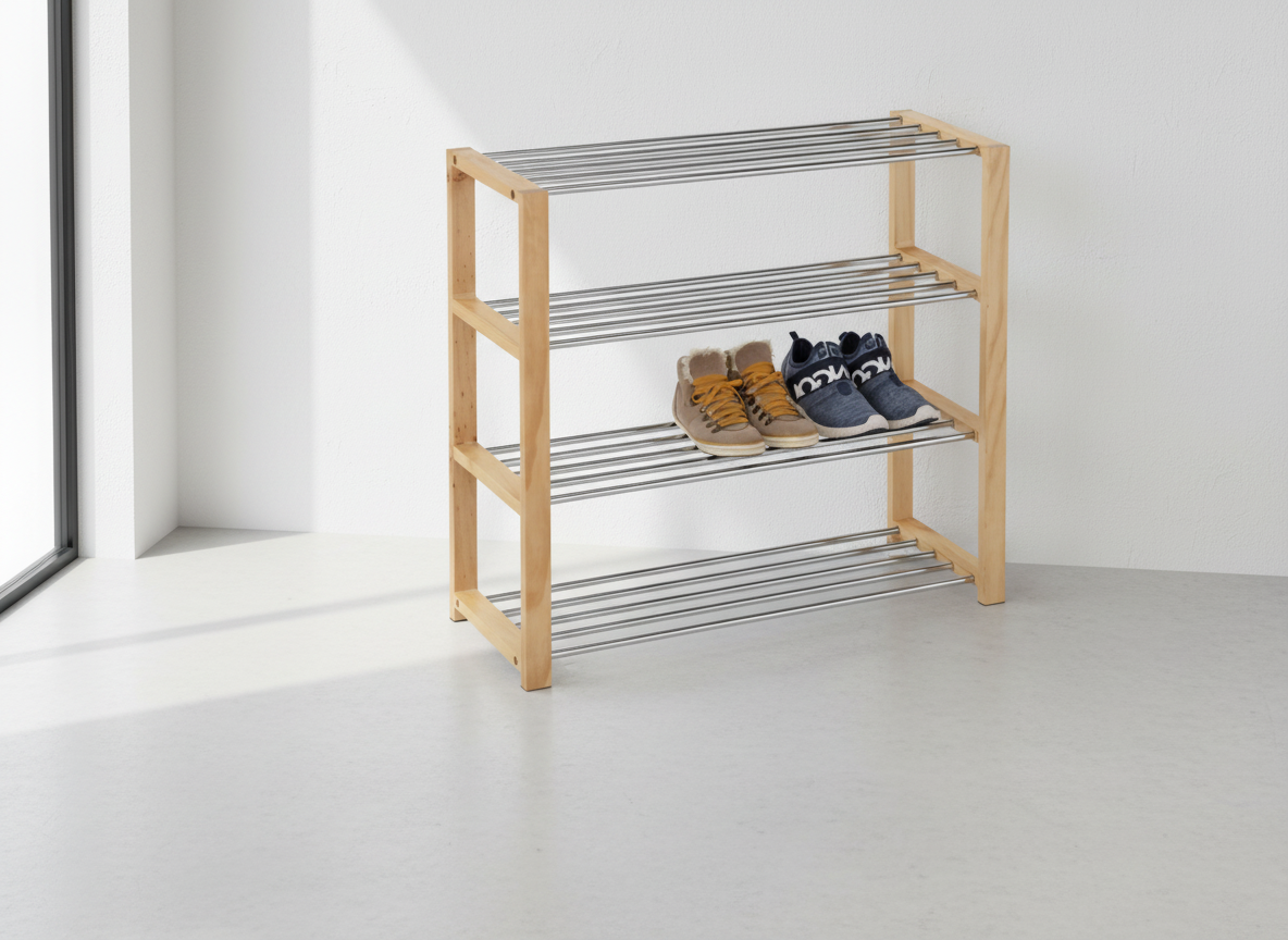 Botník, 4 kovové chromované police, masiv kaučukovník, přírodní odstín a lak