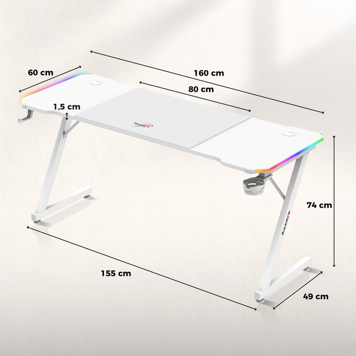 Herný stôl Huzaro Hero 4.8 RGB White + PODLOŽKA XXL