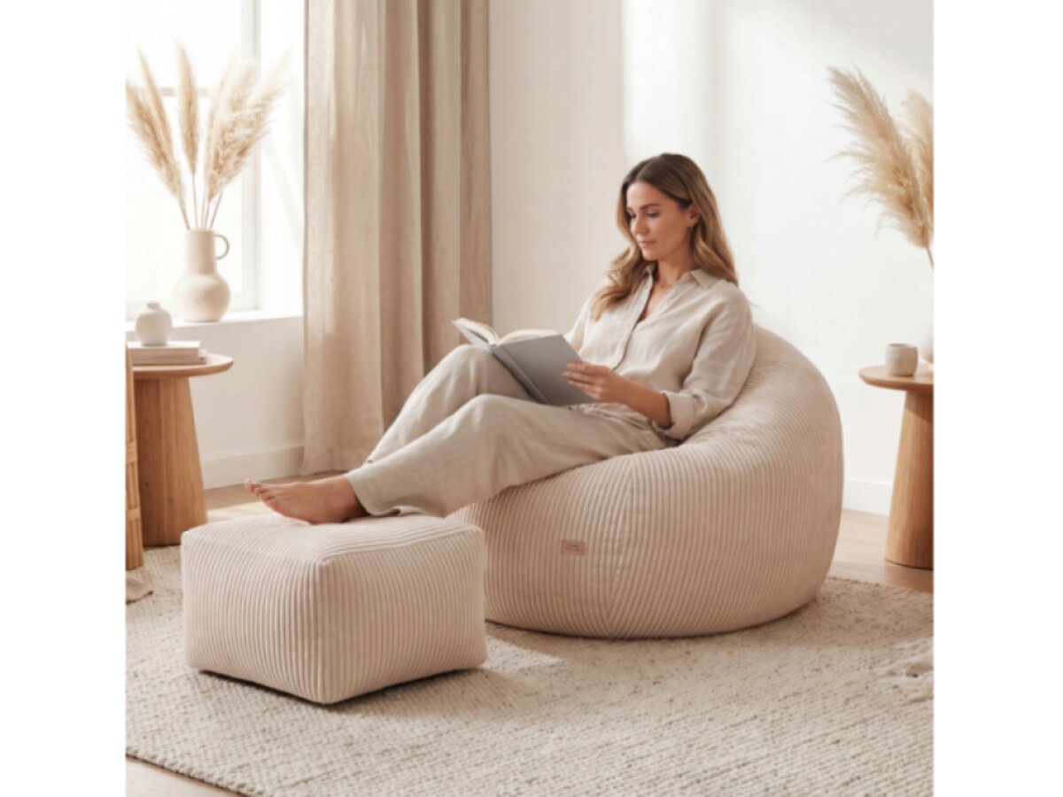 Menčestrový sedací vak s podnožkou Comfy 3.0 Béžové