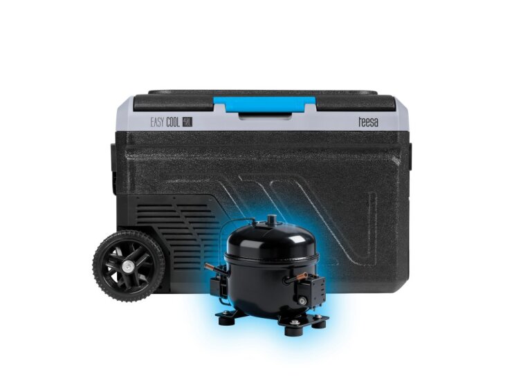 Profesionálna kompresorová cestovná chladnička TEESA s funkciou mrazenia 40L DC12/24 AC 230V, možnosť napájania z batérie, veľké kolesá a pevná rukoväť, Bluetooth