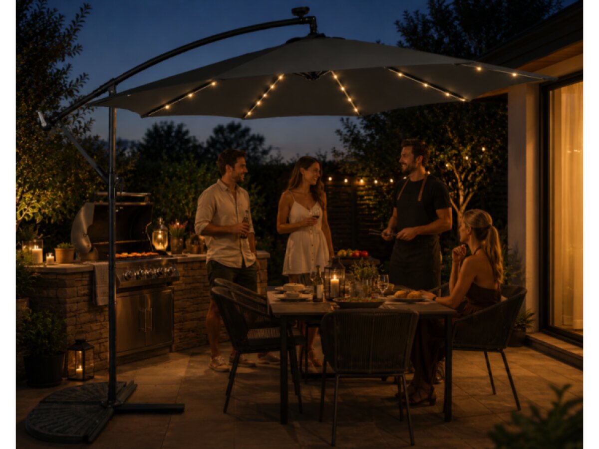 Slunečník LED, 300 cm, TMAVO ŠEDÝ
