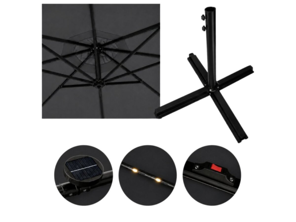 Slunečník LED, 300 cm, TMAVO ŠEDÝ