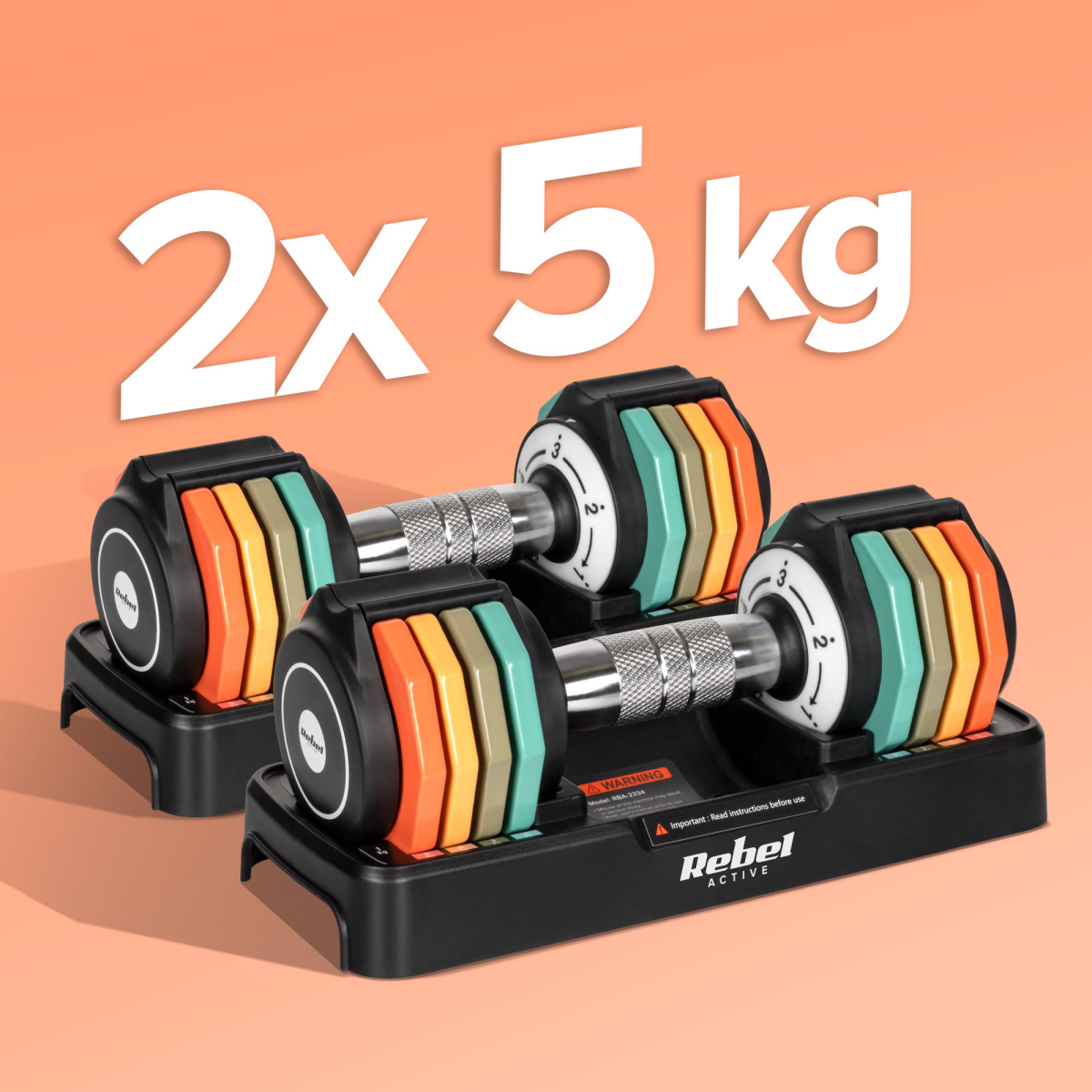 Nastaviteľná jednoručná činka sada 2 x 5 kg, krok 1 kg, REBEL ACTIVE