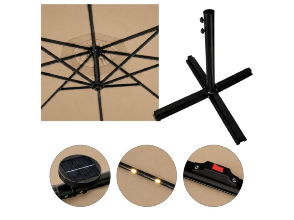 Slunečník LED, 300 cm, TMAVO BĚŽOVÝ