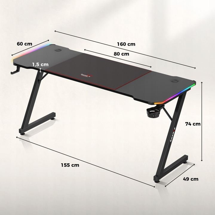 Herný stôl Huzaro Hero 4.8 Black RGB + PODLOŽKA XXL