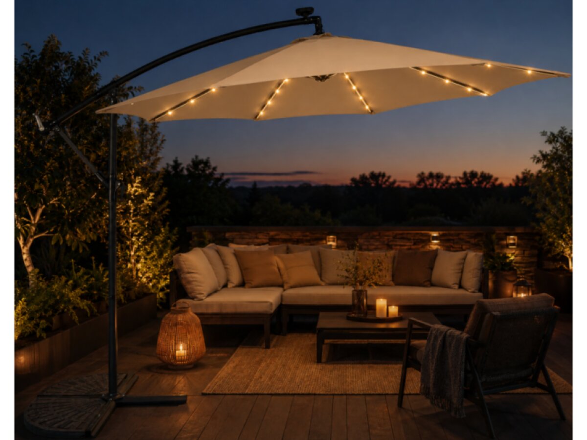 Slunečník LED, 300 cm, TMAVO BĚŽOVÝ