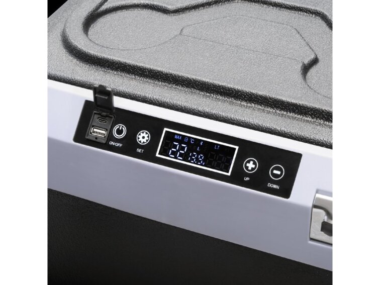 Profesionálna kompresorová cestovná chladnička TEESA s funkciou mrazenia 50L DC12/24 AC 230V, veľké kolesá a pevná rukoväť, Bluetooth, možnosť napájania z batérie