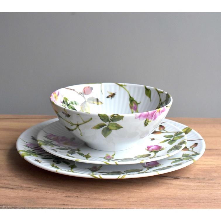 Porcelánová žebrovaná sada - miska, talíř a talířek - Chrpa a sedmikráska