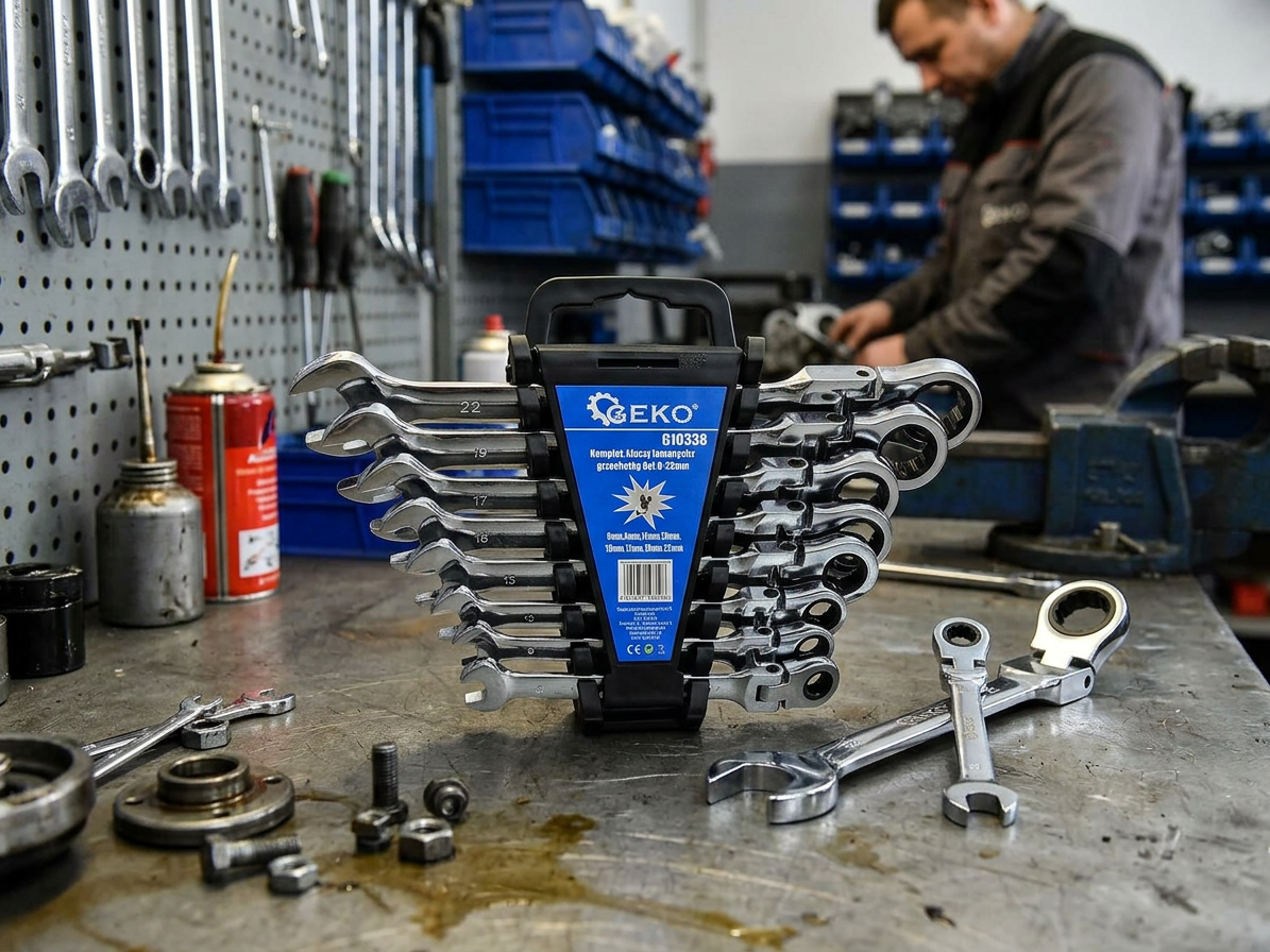Klíče ráčnové očkoploché s kloubem, sada 8ks, 8–22 mm, plastový držák – GEKO G10338