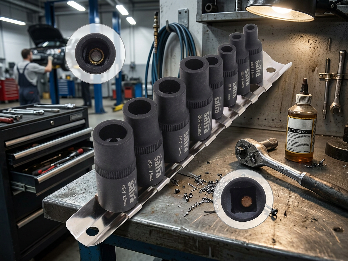 Nástrčné hlavice pro upnutí závitníků, magnetické, 1/4" a 3/8", 8 ks na liště - SATRA