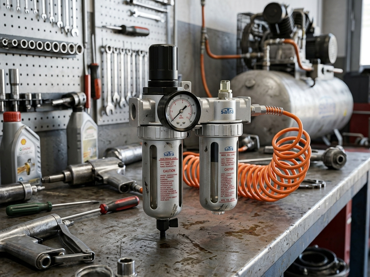 Regulátor tlaku vzduchu 1/2", 10 bar, s vysoušečem a přimazáváním - SATRA