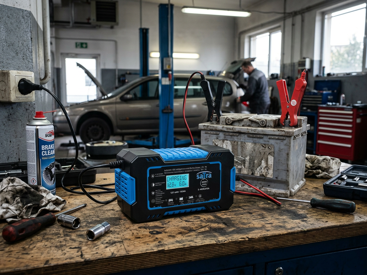 Nabíječka autobaterií s LCD, 12 V, 6A, 4-100 Ah - SATRA