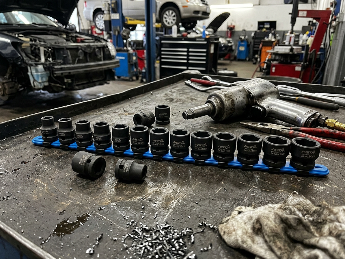 Hlavice nástrčné úderové 1/2", 10-24 mm, 6hranné extra krátké 28 mm, 15 ks na liště - ASTA