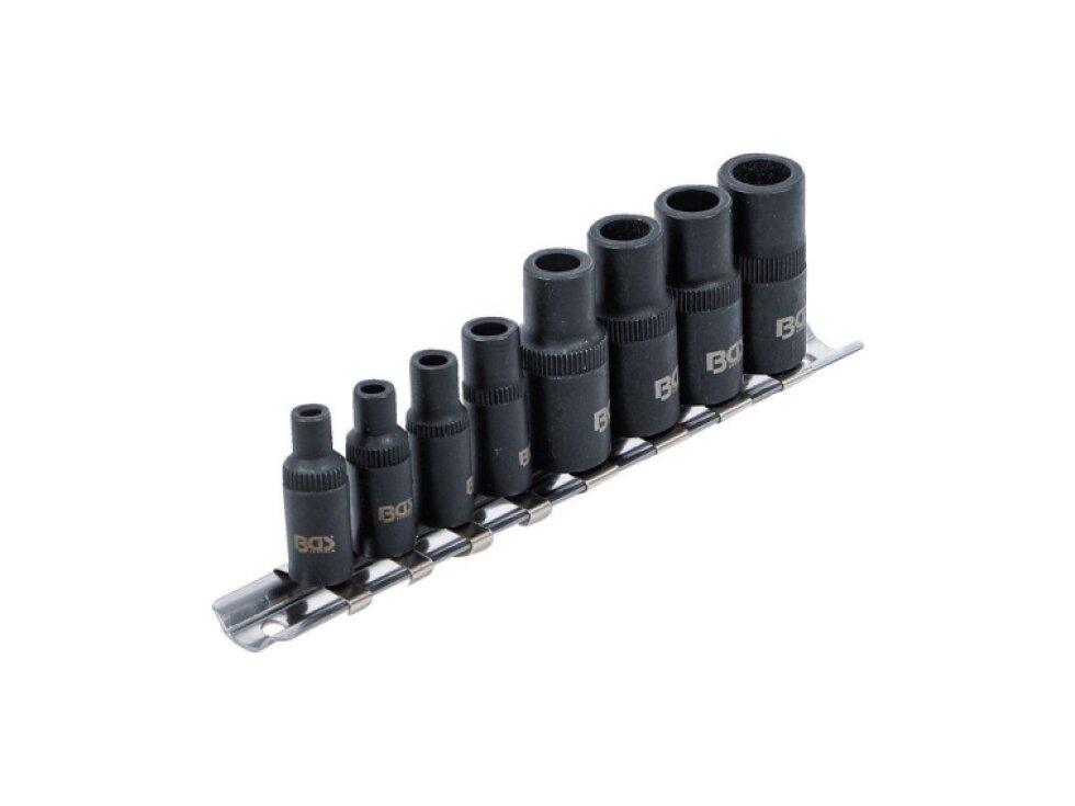 Nástrčné hlavice 1/4" a 3/8", pro upnutí závitníků, magnetické, 8 ks na liště - BGS 9771