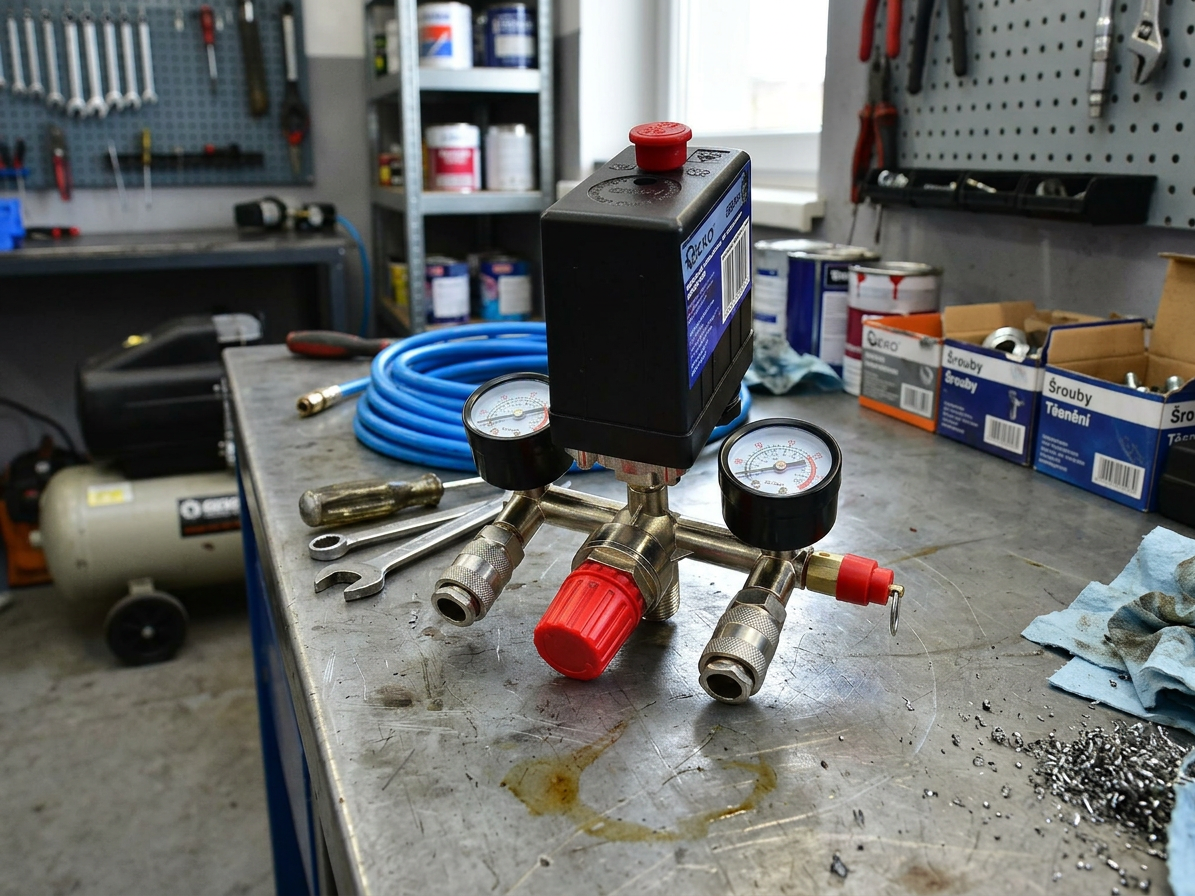 Tlakový spínač - presostat 230 V s manometry, maximální tlak 12 bar