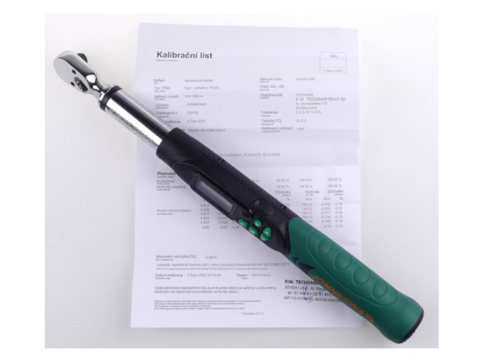 Momentový klíč, přesný 2%, digitální, 3/8", 6,8-135 Nm, kalibrovaný - JONNESWAY T24135